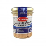 Tarro de 225ml de lomos de bonito en aceite de oliva Olympos.