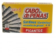 Lata de 90ml de sardinillas picantes Cabo de Peñas 6/10 Piezas Cabo de Peñas Peso neto 85g Peso escurrido 60g