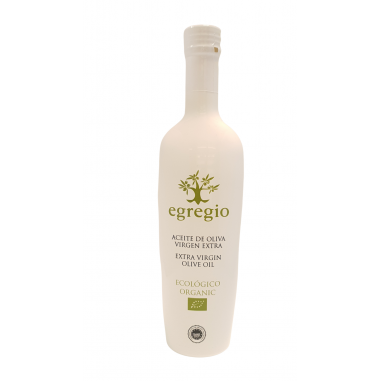 Botella de 500ml de aceite de oliva virgen extra Egregio, ecológico, variedad hojiblanca y picua