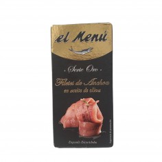 Lata de 45g. Anchoa en Aceite de Oliva  El Menú de 1/8 piezas por unidad. Peso neto 45g Peso escurrido 29g