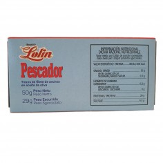Lata de 50g. Anchoas en Aceite de Oliva Pescador 1/8 filetes Peso neto 50g Peso escurrido 29g 2